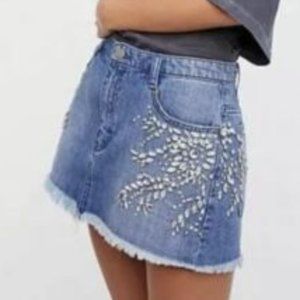 Free People Beaded Rhinestone Denim Mini Skirt